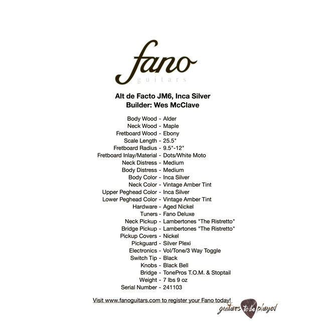 Fano JM6 Alt de Facto Lambertones Ristrettos & Ebony FB w/ Case – Inca Silver