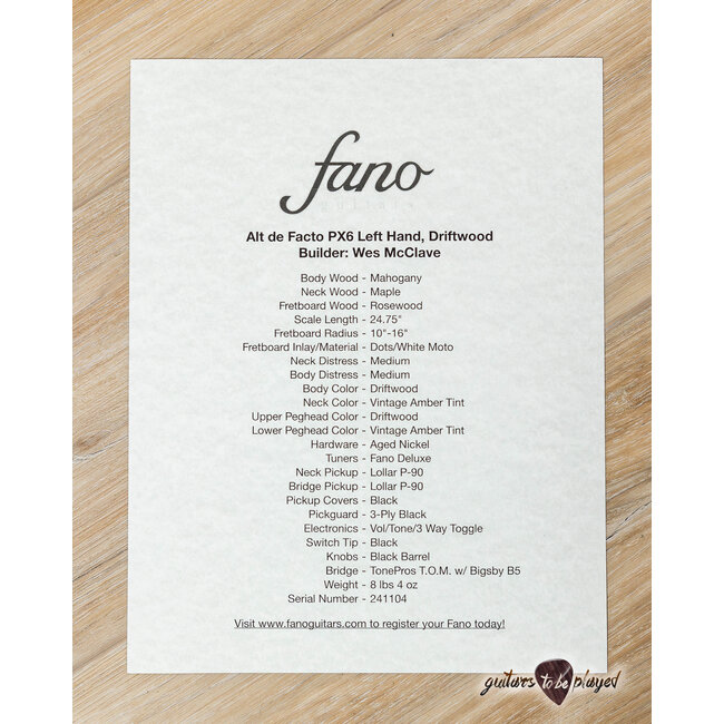 Fano PX6 Alt de Facto Lollar P-90 Left-Handed Guitar w/ Bigsby –Driftwood