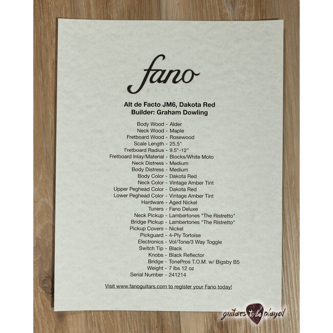 Fano JM6 Alt de Facto Lambertones Ristretto Guitar w/ Bigsby – Dakota Red