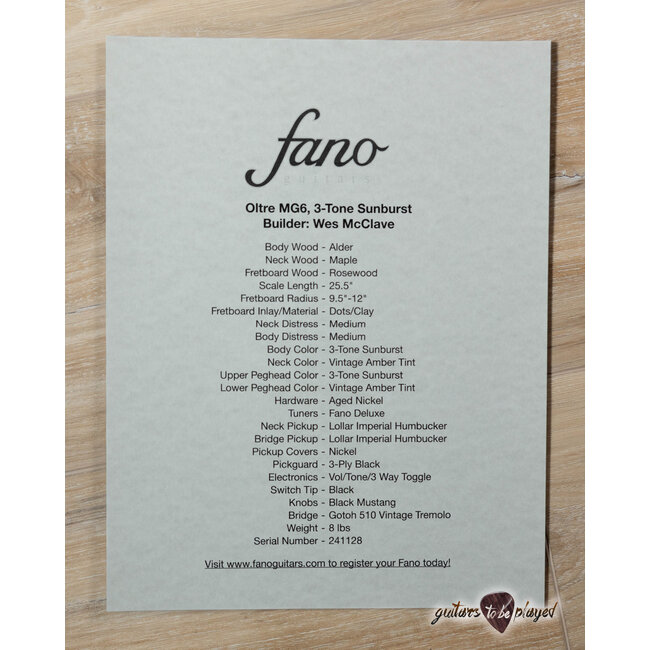 Fano MG6 Oltre Lollar Imperial Guitar w/ Gigbag – 3-Tone Sunburst