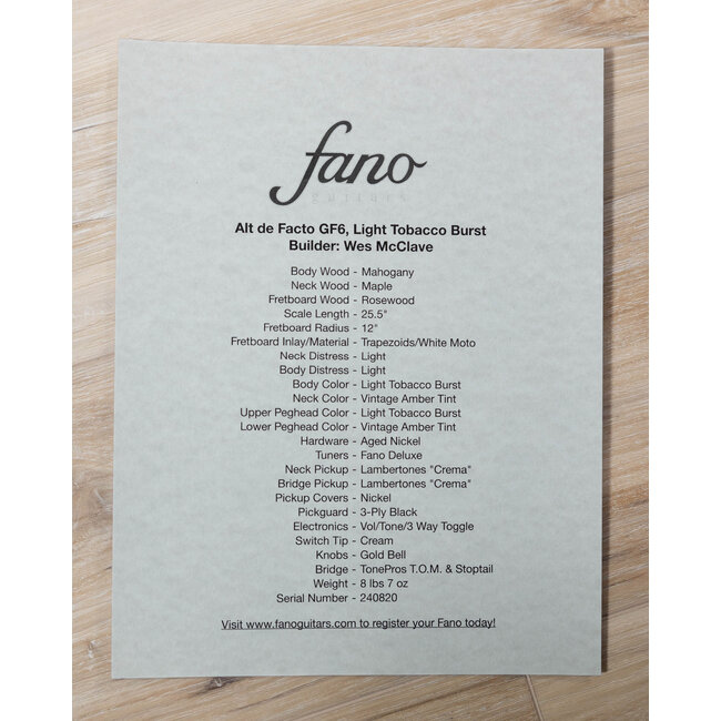 Fano GF6 Alt de Facto Lambertones Cremas w/ Bigsby – Light Tobacco Burst