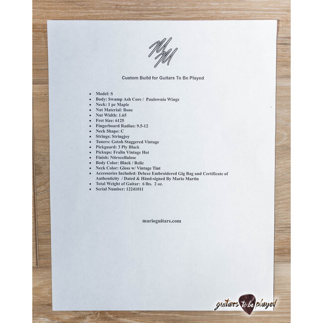 Mario Martin Guitars Ash/Paulownia S-Style w/ Fralin Vintage Hots - Black