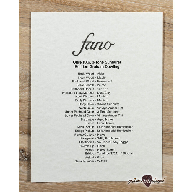 Fano PX6 Oltre Lollar Imperial Guitar w/ Gigbag – 3-Tone Sunburst