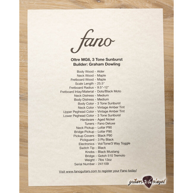 Fano MG6 Oltre Maple Neck Lollar P-90 Guitar w/ Gigbag – 3-Tone Sunburst