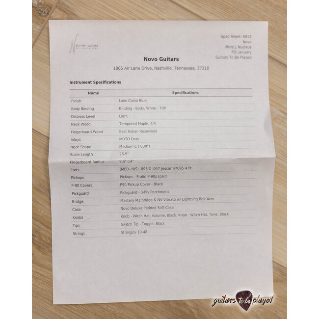 Novo Nucleus Miris J Semi-Hollow Guitar w/ Fralin P-90s – Lake Como Blue
