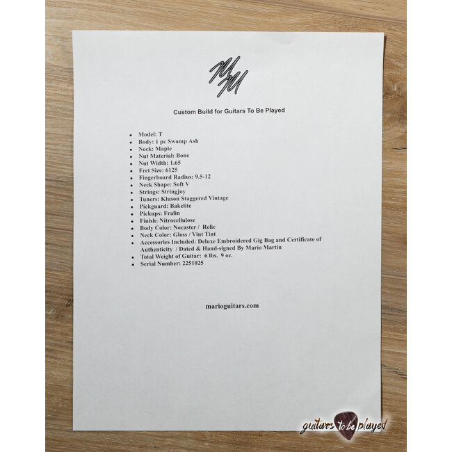 Mario Martin Guitars 1pc Swamp Ash Maple Neck T-style – Nocaster Blonde