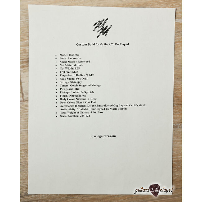 Mario Martin Guitars Honcho Paulownia w/ Rosewood – Nicotine Blonde