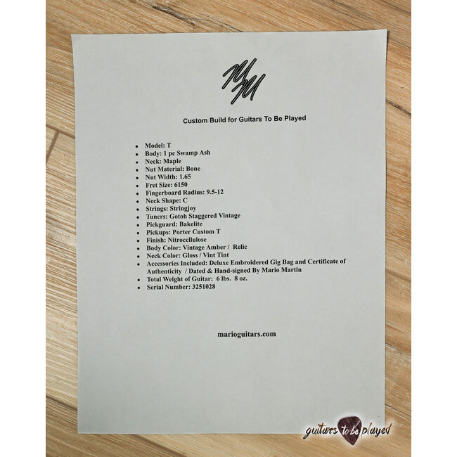 Mario Martin Guitars T-Style w/ 1-pc Swamp Ash Body & Porter PUs – Vintage Amber