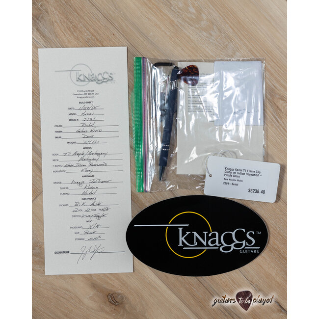 Knaggs Kenai T1 Flame Top Guitar w/ Indian Rosewood – Pinkle Gloss