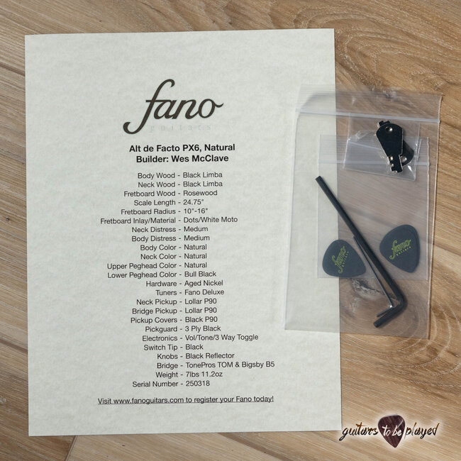 Fano PX6 Alt de Facto Black Limba Lollar P-90 Guitar w/ Bigsby & Case – Natural