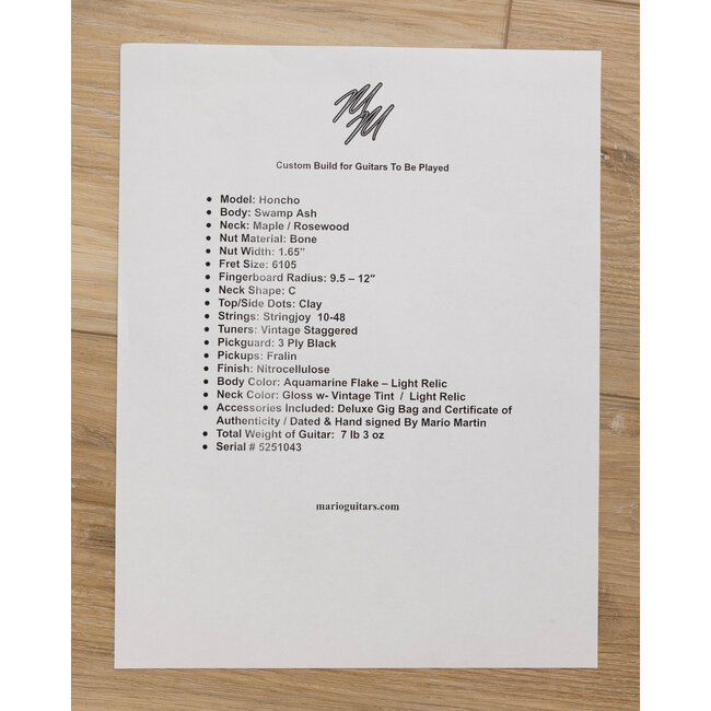 Mario Martin Guitars Honcho Swamp Ash w/ Rosewood – Aquamarine Flake