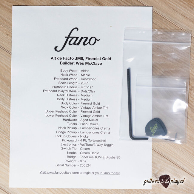 Fano JM6 Alt de Facto Left-Handed Lambertones Crema Bigsby Guitar –Firemist Gold