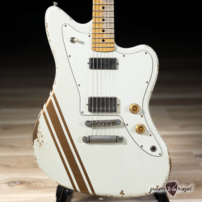 Fano JM6 Alt de Facto Lollar Mini HB/Imperial Guitar – Olympic White w/ Gold Stripes