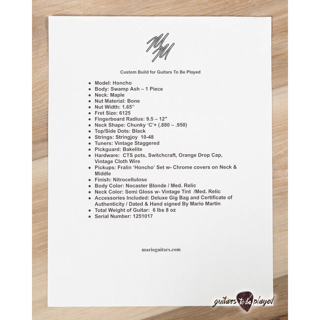 Mario Martin Guitars Honcho 1pc Swamp Ash Maple Neck & Fralins – Nocaster Blonde