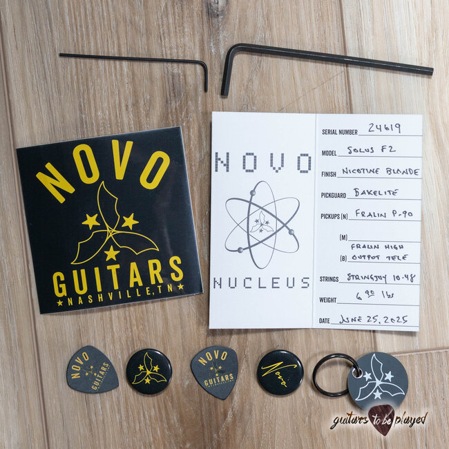 Novo Nucleus Solus F2 Guitar w/ Fralin P-90 & High Output T – Nicotine Blonde