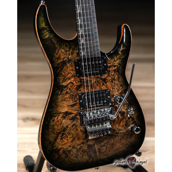 ESP Horizon FR CTM Burl Top Floyd Rose Guitar w/ Case – See Thru Black Burst