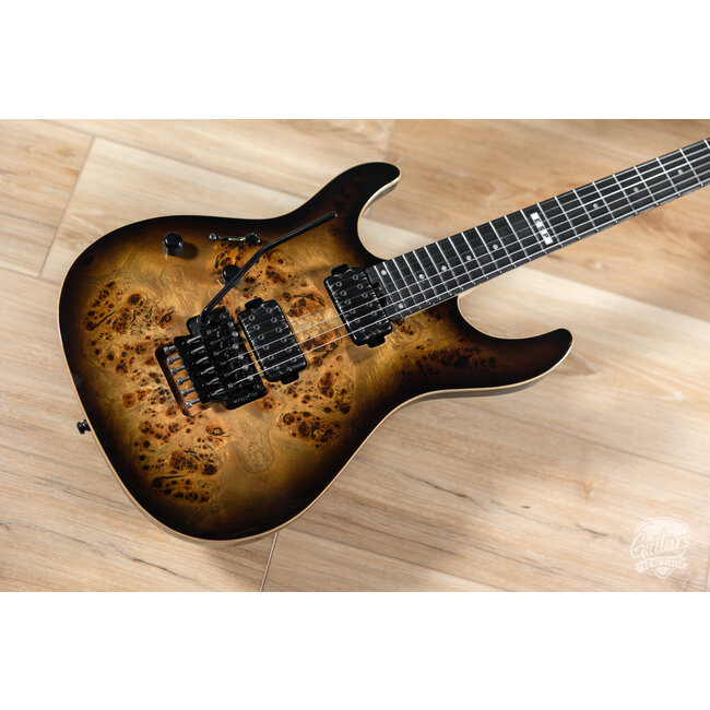 ESP E-II SN-II Left-Handed Burled Maple Top Guitar w/ Case – Nebula Black Burst