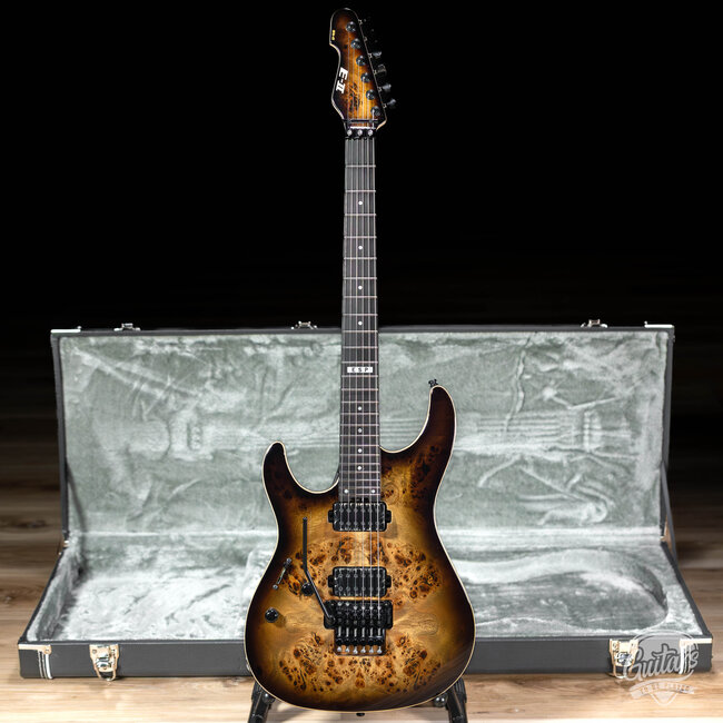 ESP E-II SN-II Left-Handed Burled Maple Top Guitar w/ Case – Nebula Black Burst