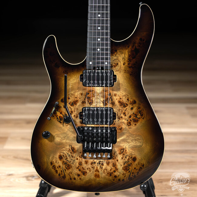 ESP E-II SN-II Left-Handed Burled Maple Top Guitar w/ Case – Nebula Black Burst