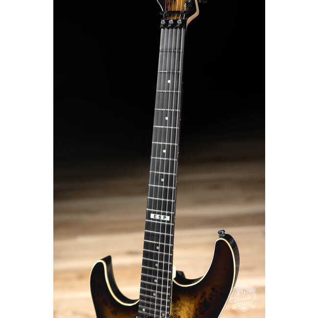 ESP E-II SN-II Left-Handed Burled Maple Top Guitar w/ Case – Nebula Black Burst