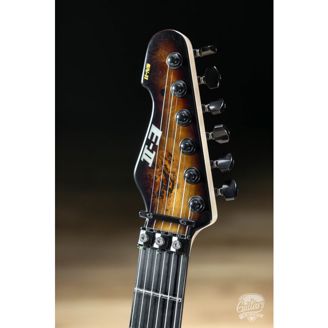ESP E-II SN-II Left-Handed Burled Maple Top Guitar w/ Case – Nebula Black Burst