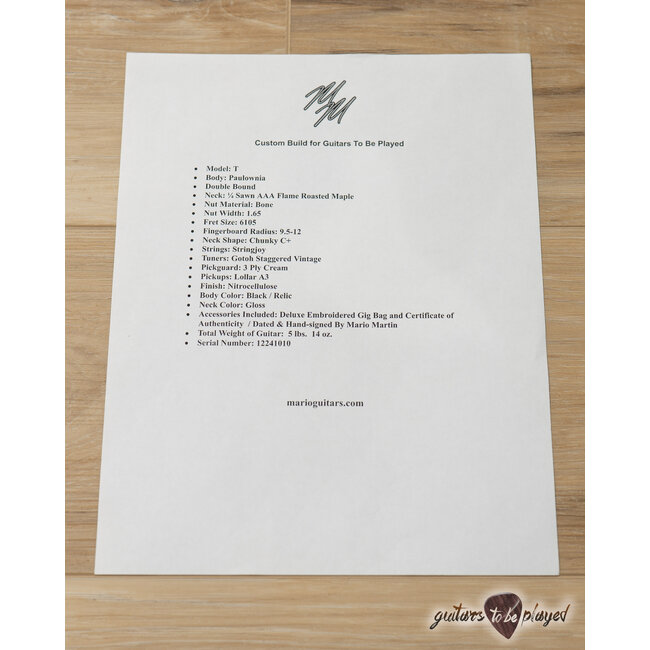 Mario Martin Guitars Paulownia T-Style w/ Lollar A3's & Flame Roasted Neck - Black