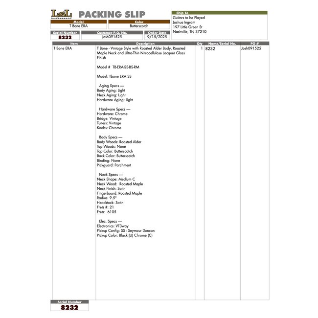 LsL Instruments T Bone ERA SS w/ Seymour Duncan Noiseless Pickups – Butterscotch