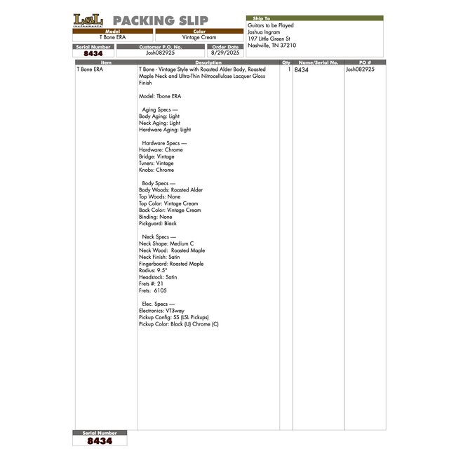 LsL Instruments T Bone ERA SS w/ LsL Pickups – Vintage Cream