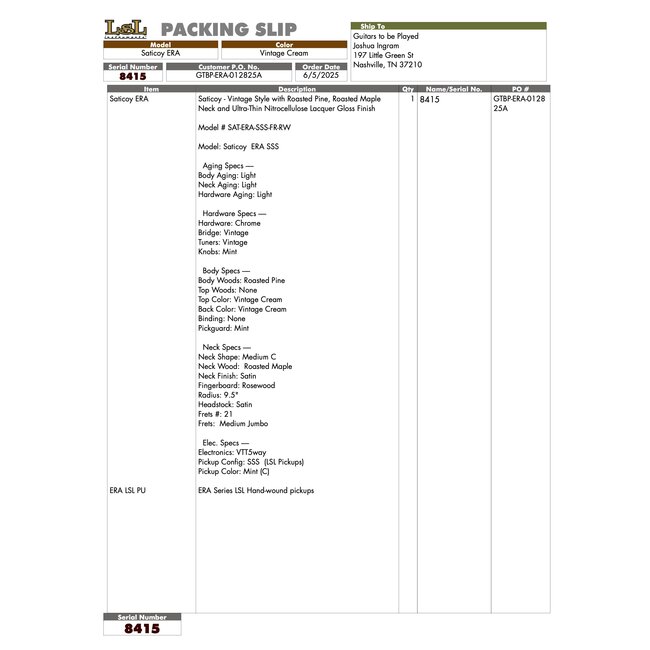 LsL Instruments Saticoy ERA SSS w/ LsL Pickups – Vintage Cream