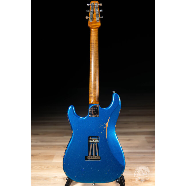 Shabat Lynx HSS Alder S-Style w/ Flame Maple & Snakehead – Blue Marlin Sparkle