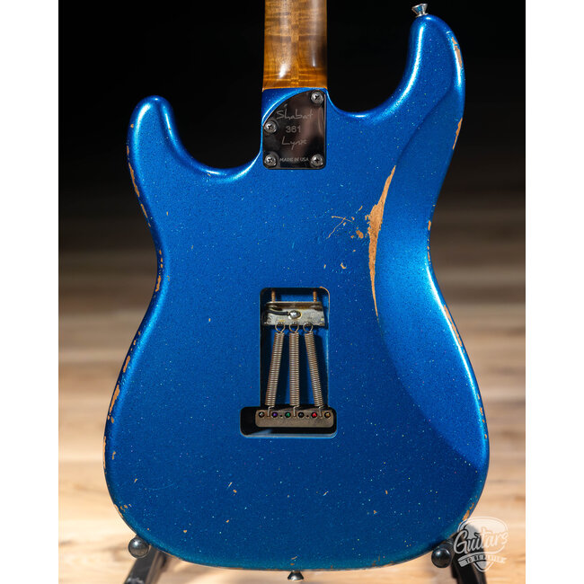 Shabat Lynx HSS Alder S-Style w/ Flame Maple & Snakehead – Blue Marlin Sparkle