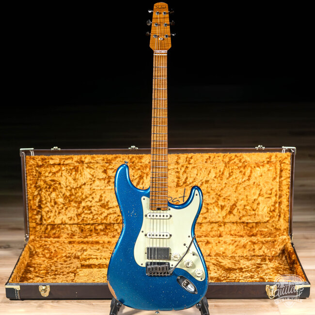 Shabat Lynx HSS Alder S-Style w/ Flame Maple & Snakehead – Blue Marlin Sparkle