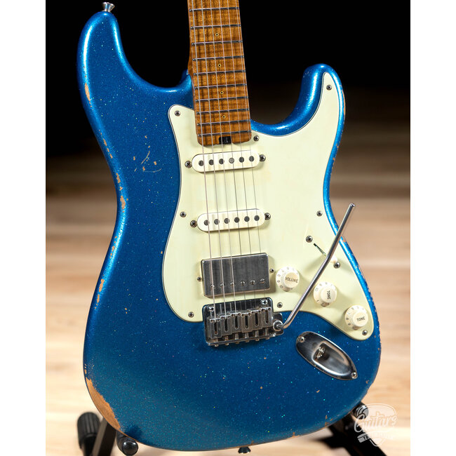 Shabat Lynx HSS Alder S-Style w/ Flame Maple & Snakehead – Blue Marlin Sparkle