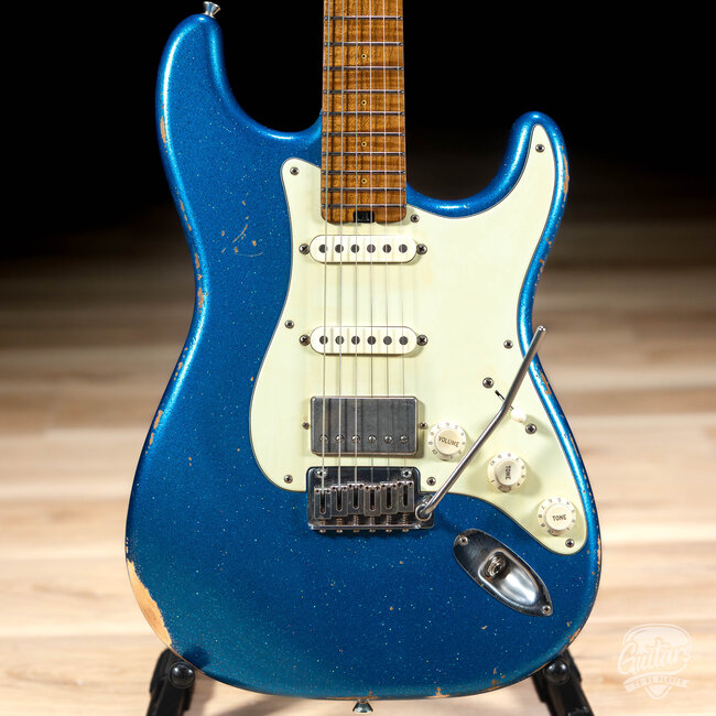 Shabat Lynx HSS Alder S-Style w/ Flame Maple & Snakehead – Blue Marlin Sparkle