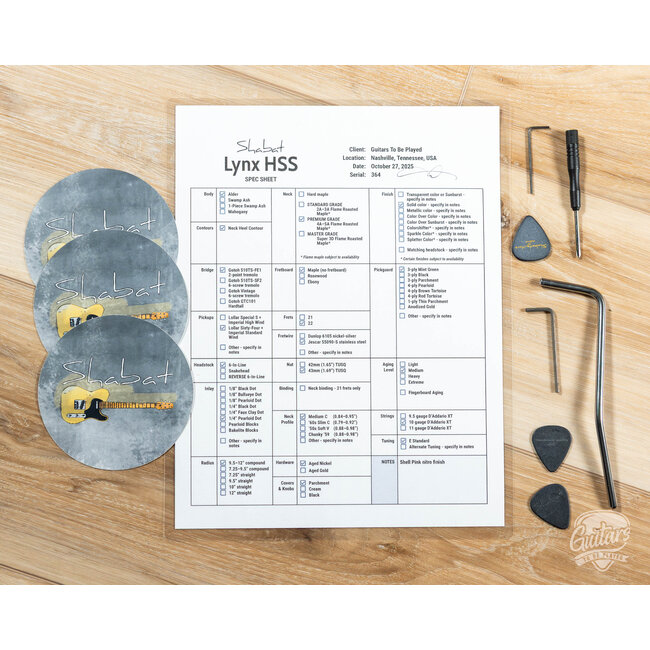 Shabat Lynx HSS S-Style w/ Stainless Frets & Lollar ‘64s/Imperial – Shell Pink