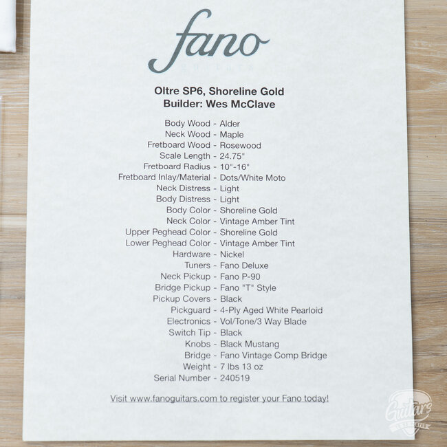 2024 Fano SP6 Oltre Lollar Low Wind P-90 & Vintage T w/ Gigbag – Shoreline Gold