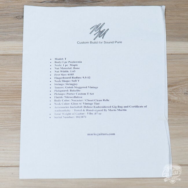 2023 Mario Martin Guitars Paulownia T-Style w/ Porter Custom T’s–Nocaster Blonde