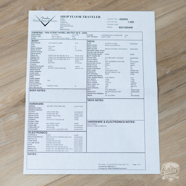 2013 Fender Custom Shop ‘56 Stratocaster Relic w/ Fat ‘50s PUs – Desert Sand