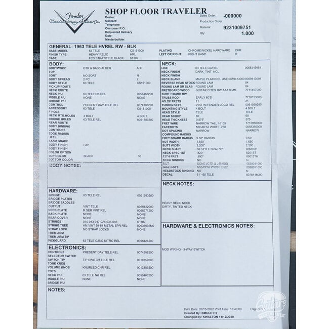 2020 Fender Custom Shop '63 Telecaster Heavy Relic – Black