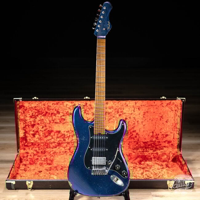 Shabat Lynx HSS Alder S-Style w/ Flame Maple & Stainless Frets – Cosmic Blue