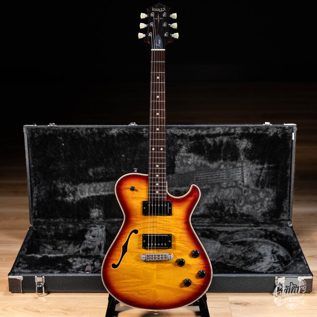 Knaggs Kenai T2 Flame Top Hollowbody Guitar w/ Wraptail–Dark CherryBurst (Gloss)