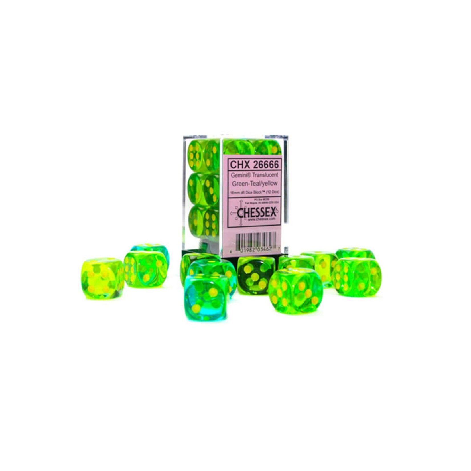 Chessex Brique de 12 d6 16mm Gemini translucides vert/sarcelle avec points jaunes