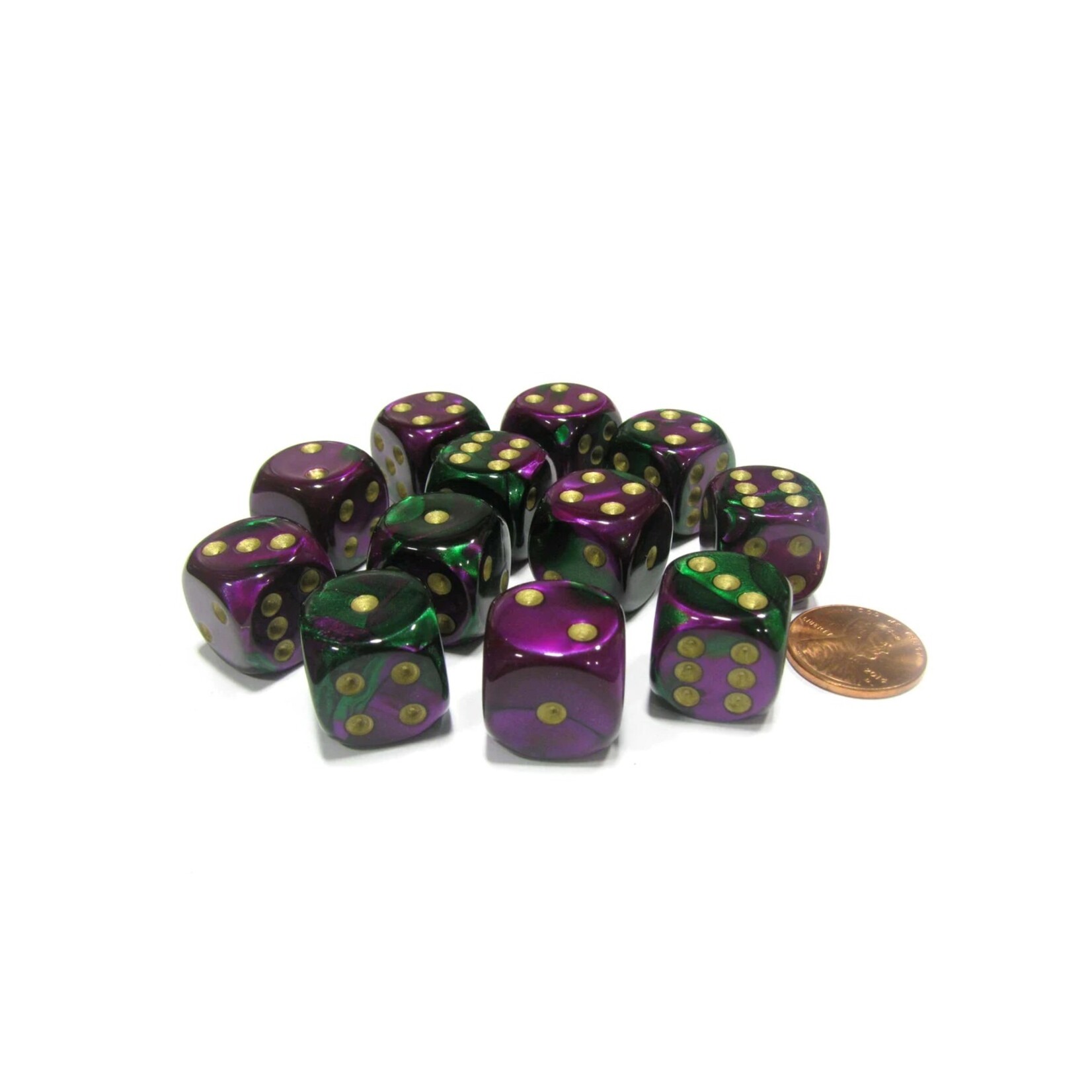 Chessex Brique de 12 d6 16mm Gemini vert/violet avec points dorés