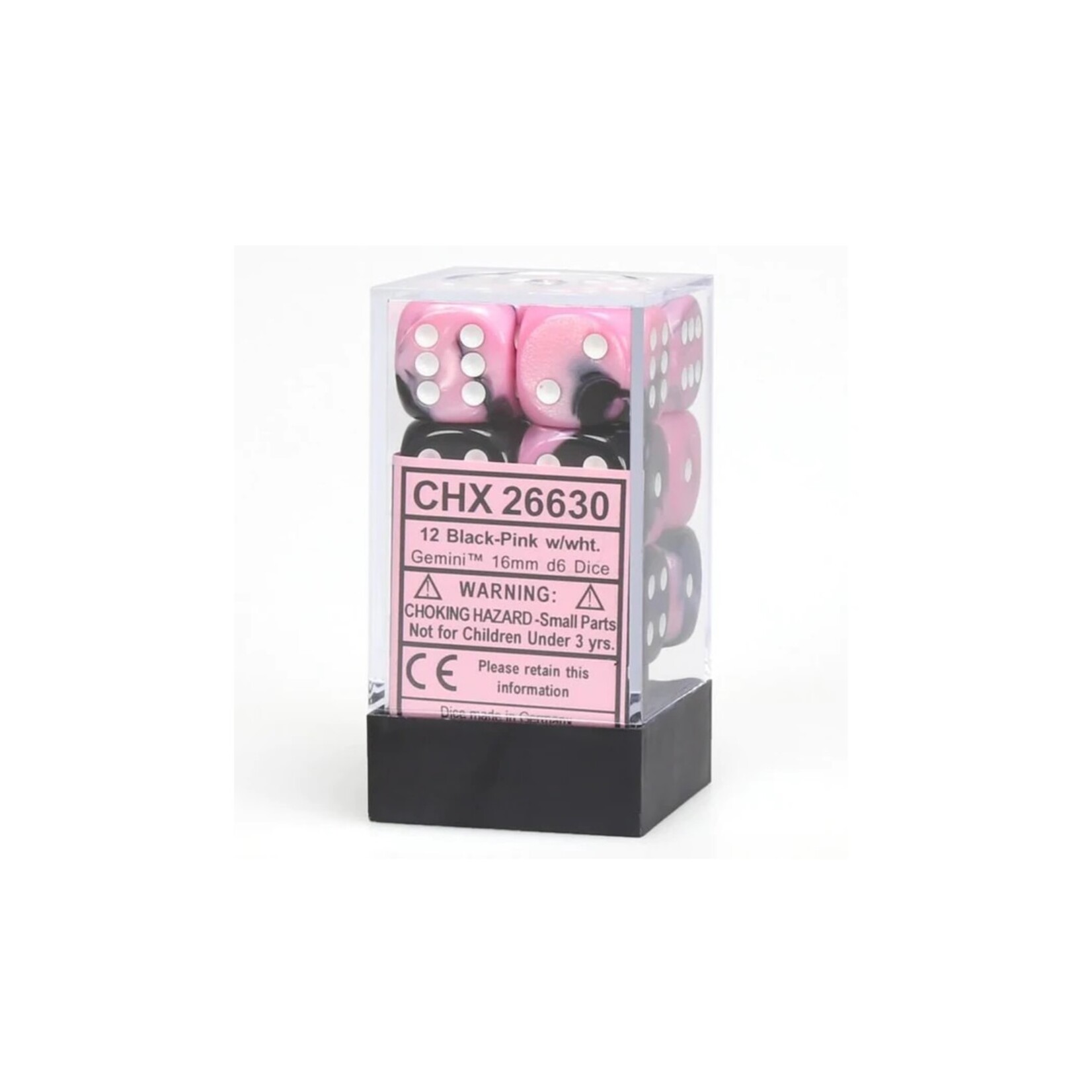 Chessex Brique de 12 d6 16mm Gemini noir/rose avec points blancs