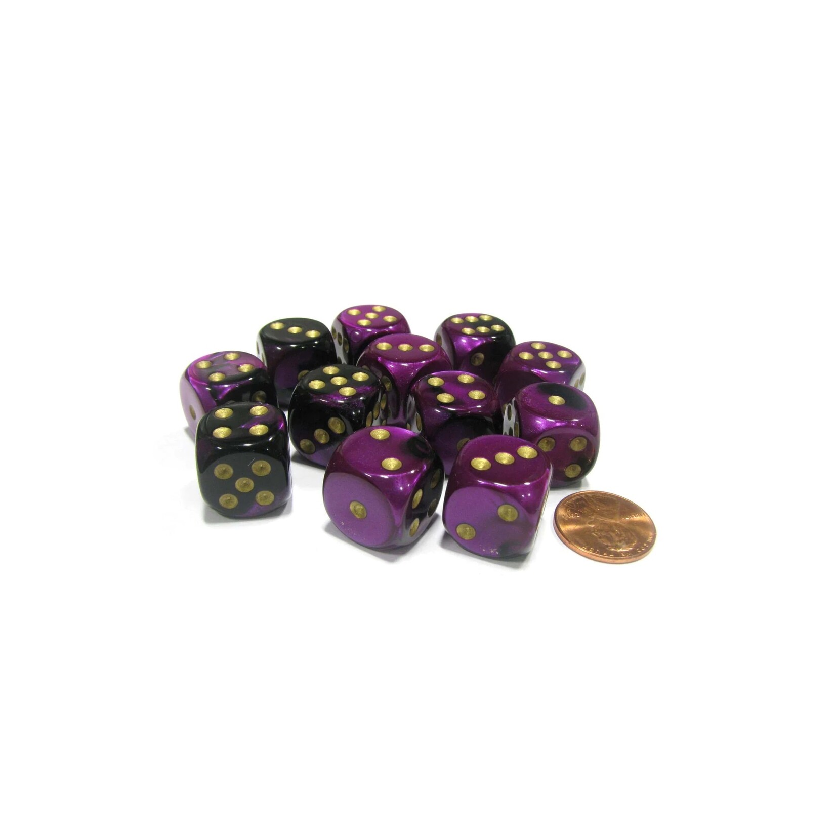 Chessex Brique de 12 d6 16mm Gemini noir/violet avec points dorés