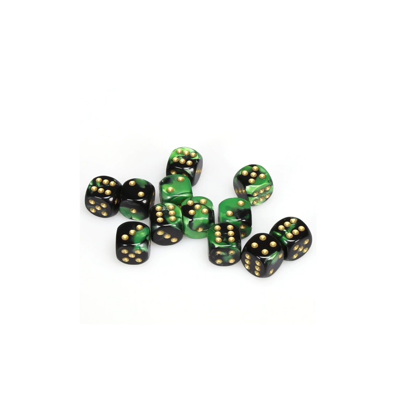 Chessex Brique de 12 d6 16mm Gemini noir/vert avec points dorés