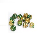 Chessex Brique de 12 d6 16mm Gemini gold green avec points blanc
