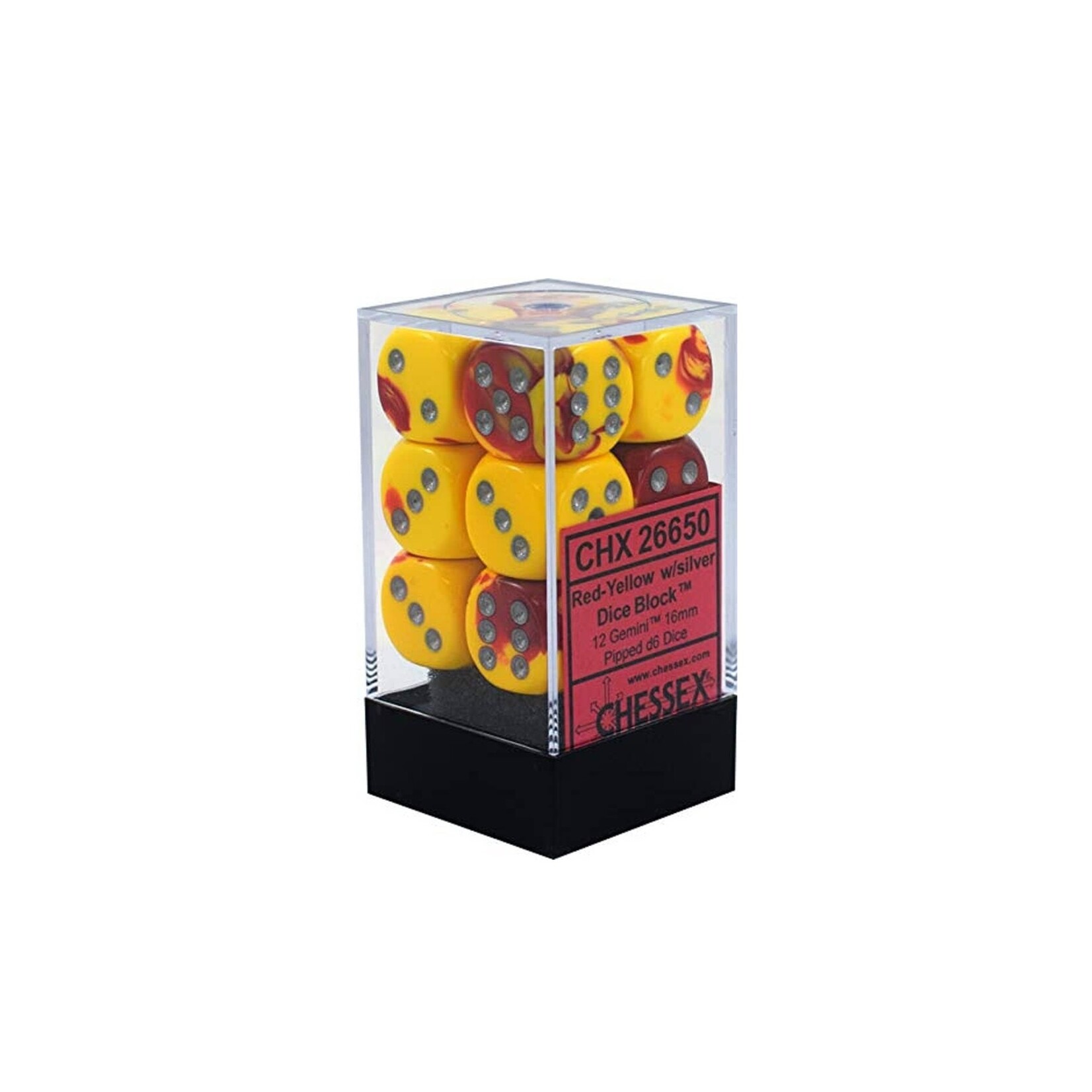 Chessex Brique de 12 d6 16mm Rouge et jaune  avec points argent