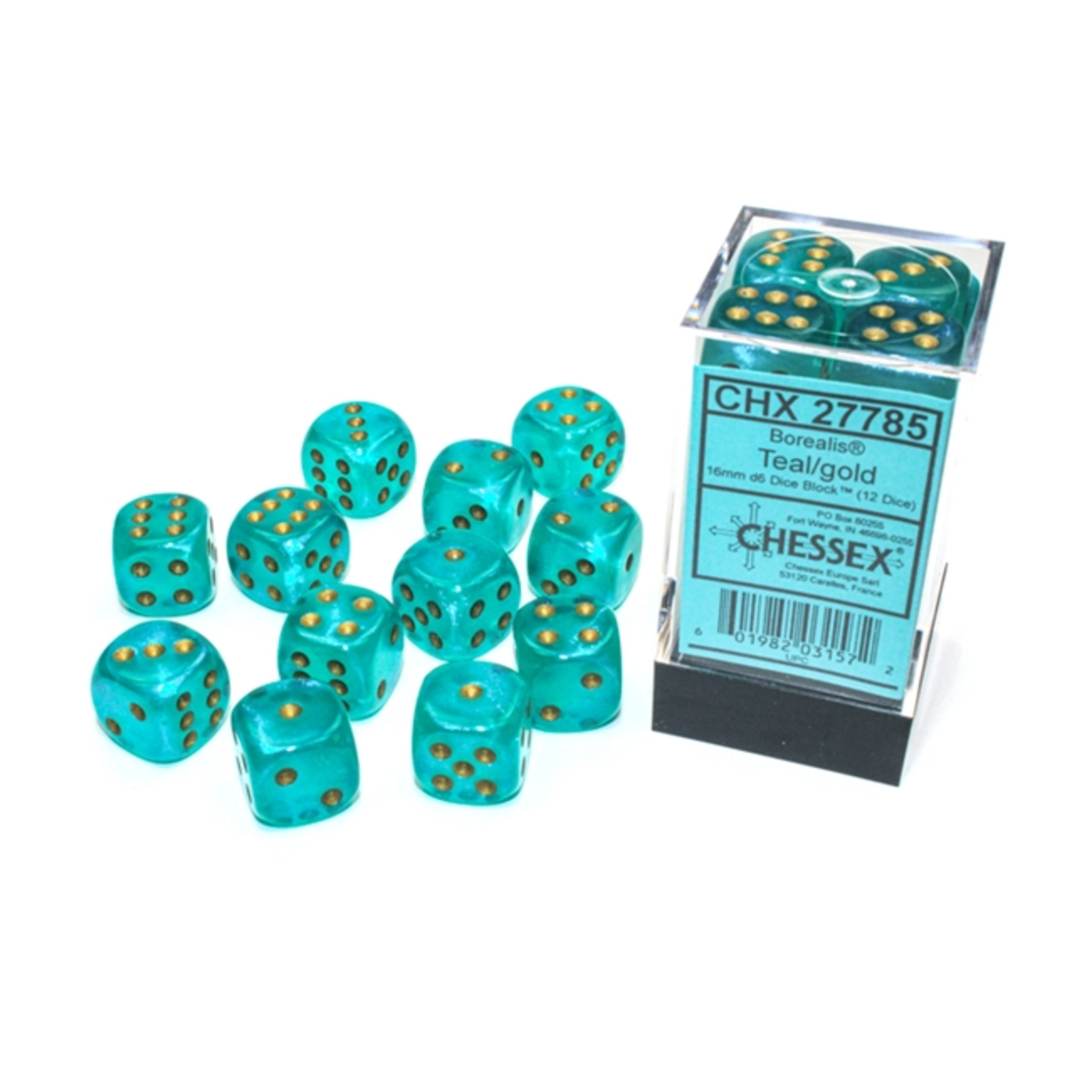 Chessex Brique de 12 d6 16mm Teal/Gold avec points dorés