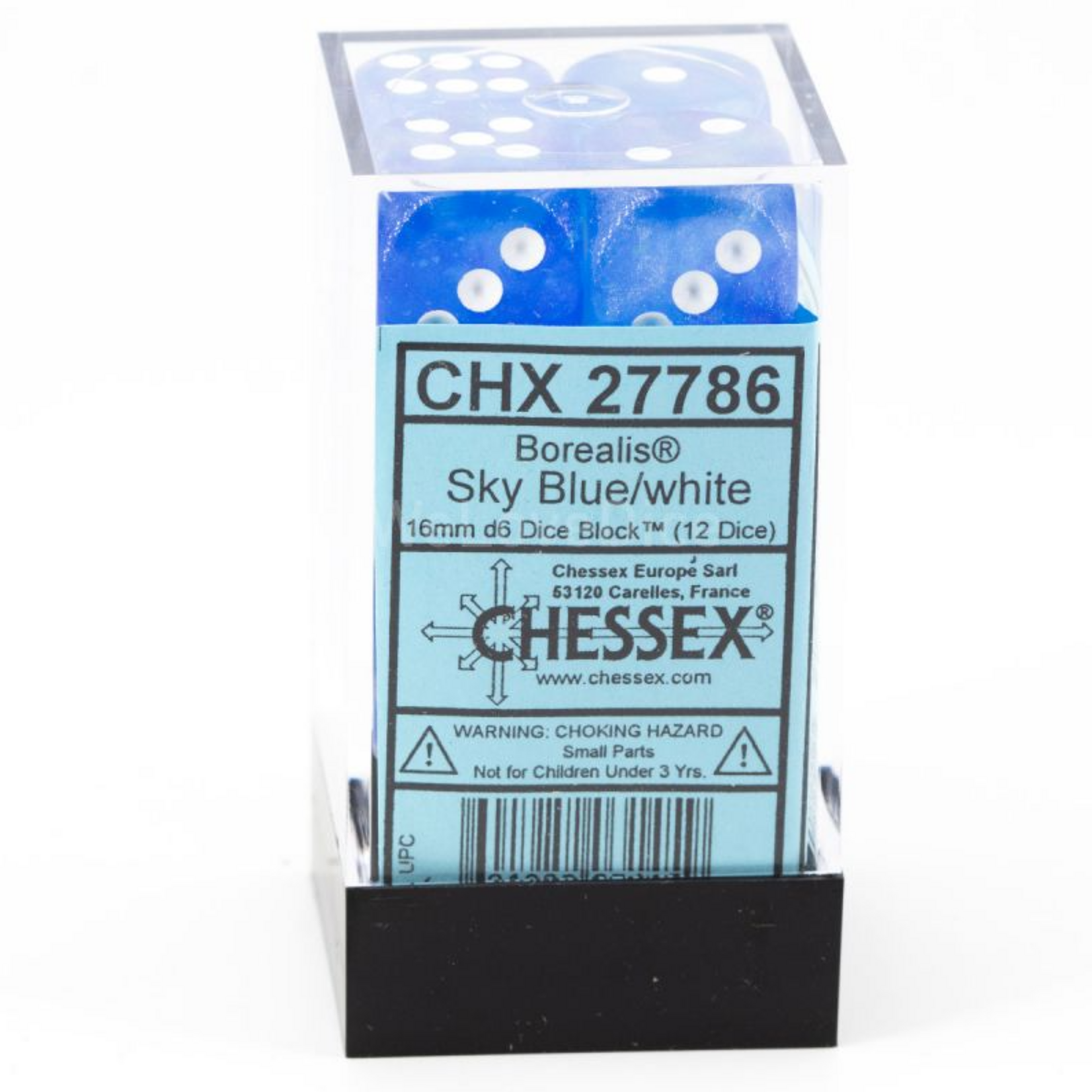 Chessex Brique de 12 d6 16mm - Borealis - Brille dans le noir - Bleu ciel avec points blancs